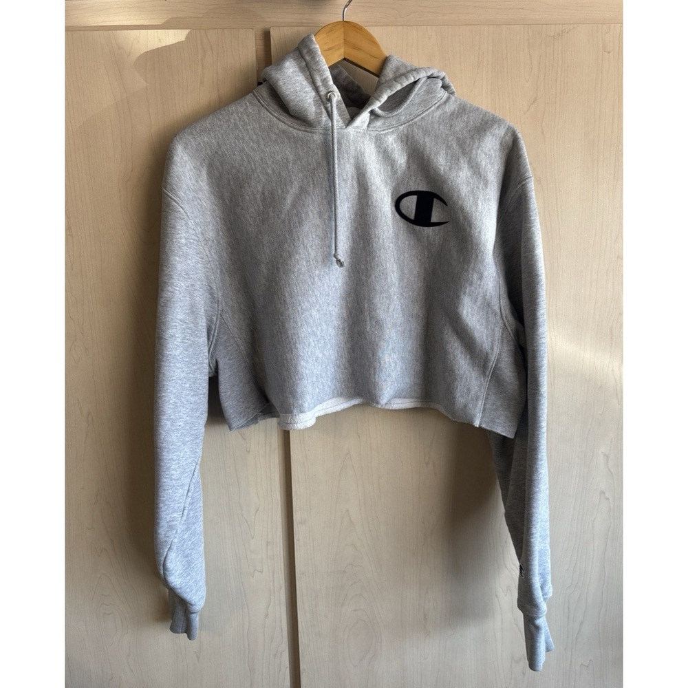 Champion Crop Top Sweatshirt Hoodie Reverse Weave Grey Womens Size M Medium